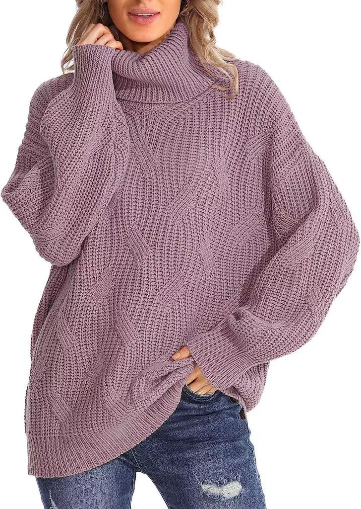 2026 Autumn/Winter Women's Loose High Neck Cable Knit Sweater Pullover