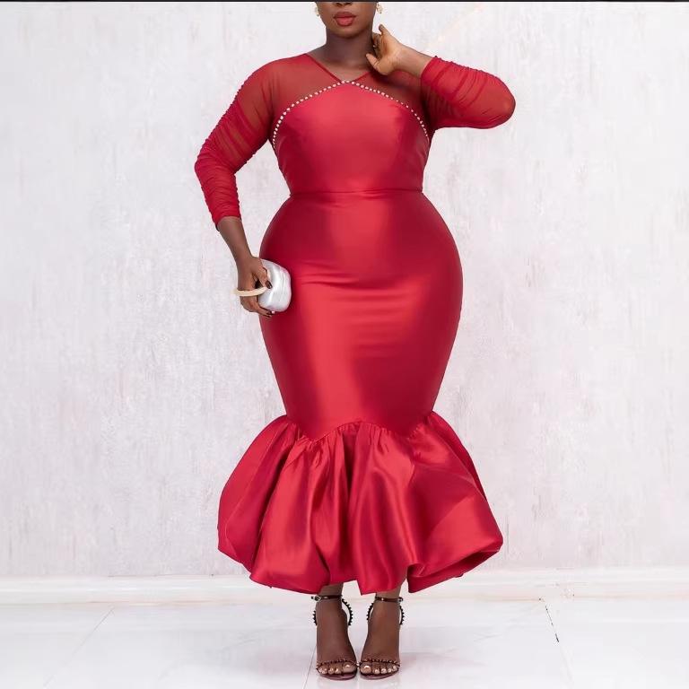 

Plus Size Women s Elegant Red Fishtail Dress with Sheer Sleeves and Cinched Waist 5XL красный