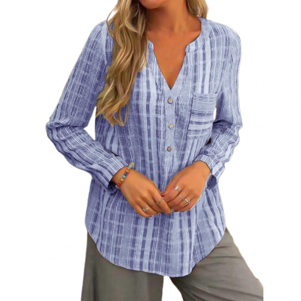 Women Popular Shirt Stripe V-Neck Irregular Hem Skin-friendly Summer Pocket Blouse Long Sleeve Blouse for Daily Wear