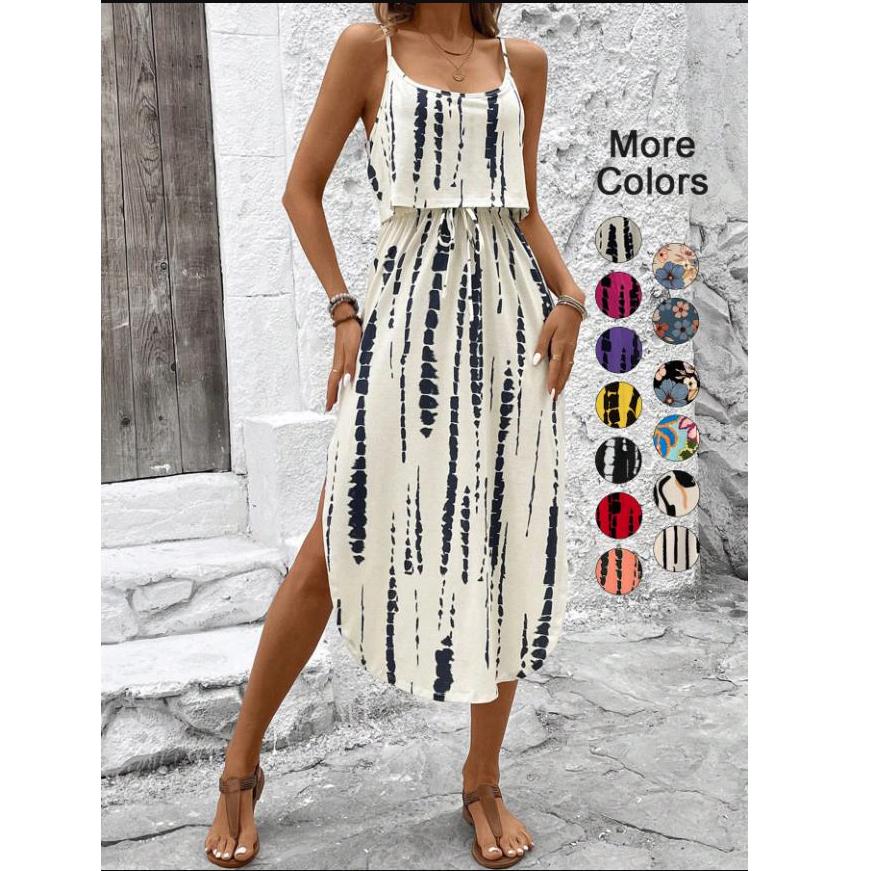 Women's Summer Spaghetti Strap Dress with Belt & Side Slit - Casual Sleeveless Flowy Dress