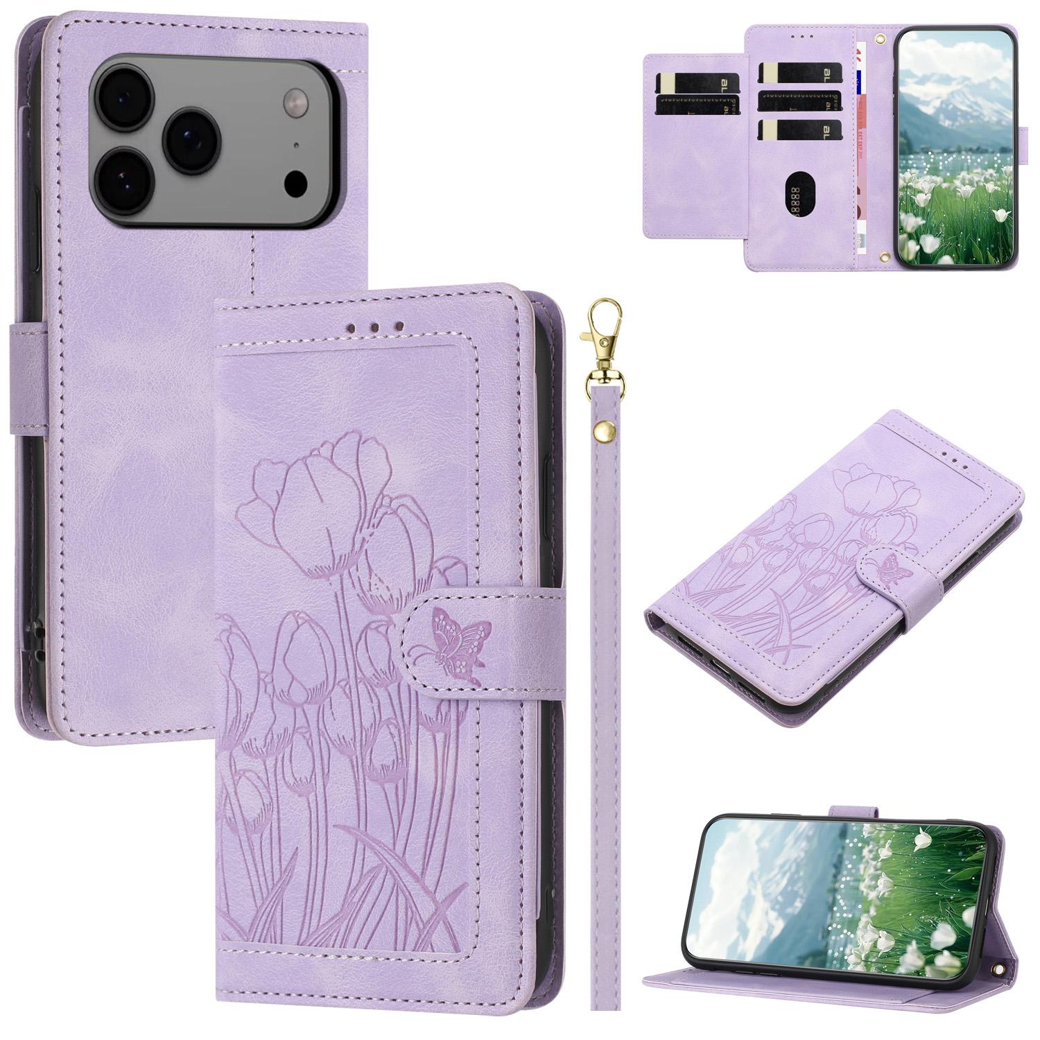 

For iPhone 17 Pro Max Case Tulip Leather Phone Cover with 5 Card Slots Wallet Purple