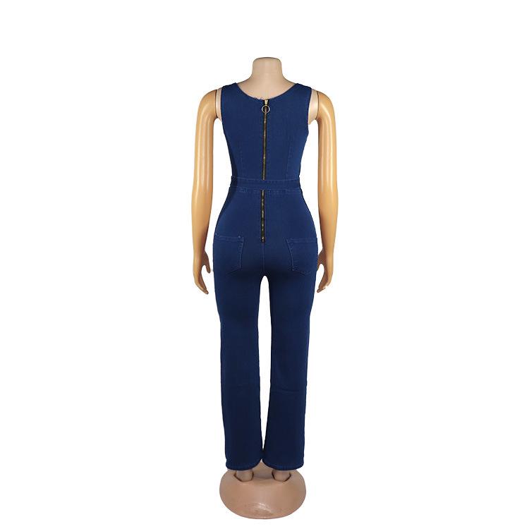 Women's European & American African Denim Halter Jumpsuit: Whitened, Washed, Stretchy, Tie Waist Belt.
