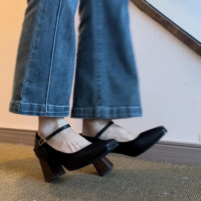 Black Temperament Single Shoes Women's 2025 New French Mary Jane Shoes Square Head Thick Heel High Heels