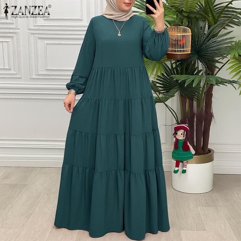 ZANZEA Rochie Musulmană Lejeră Casual cu Mâneci Lungi și Gât Rotund pentru Femei
