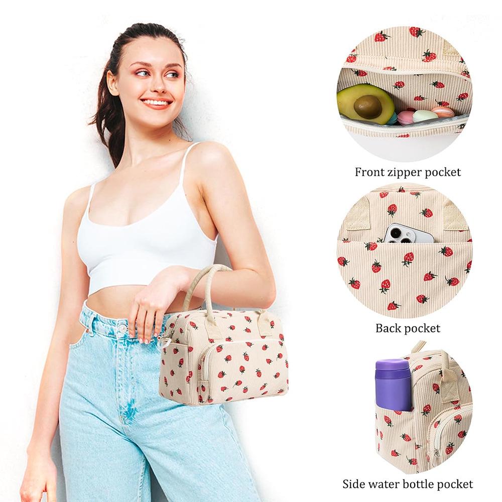 Strawberry Corduroy Insulated Waterproof Lunch Bag - Large Capacity Picnic Handbag