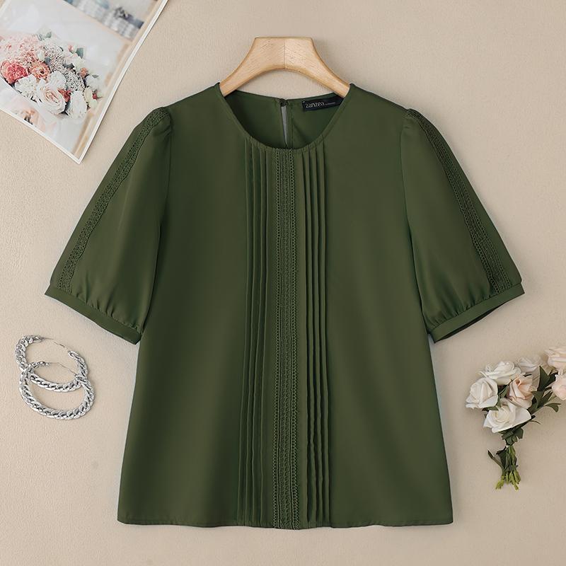 ZANZEA Damen Sommer Rundhals Kurzarm Freizeitbluse