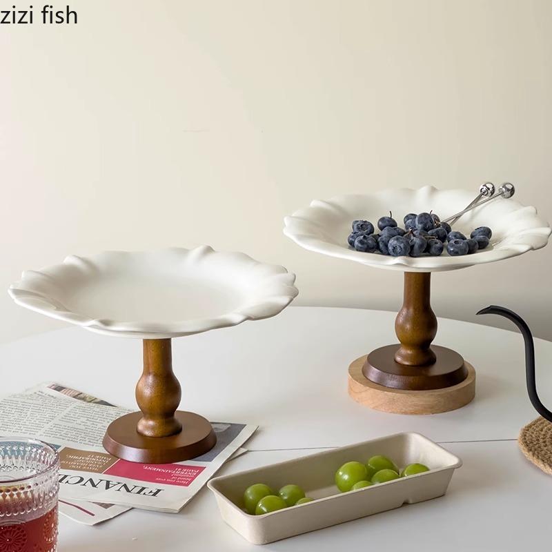 Vintage Simplicity Ceramic Fruit Plate Creative Wood High Foot Snack Plate Afternoon Tea Cake Display Plate Household Products