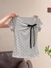 Pure cotton, Korean polka dot bow diagonal neck short-sleeved T-shirt women's summer slim-fitting and thin short Spice Girl top