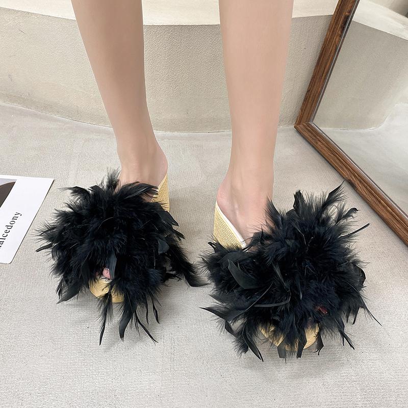 Fashion Aphixta New 7CM Wedge Heel Slides Colorful Real Fur Women Slippers Furry Summer Shoes Platform Hair Slides Big Size 43 Sandals
