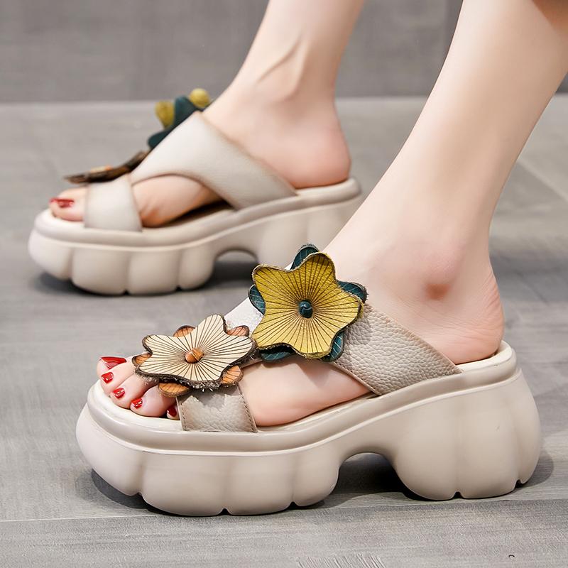 GKTINOO Genuine Leather Sandals Floral Women Slippers Summer Shoes Platform Outside Slides Thick Soles Leisure Ladies Slippers