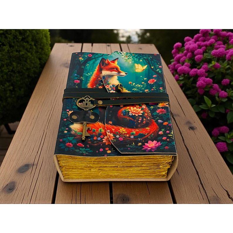 

Fox Leather Journal Vintage Handmade Notebook With Key Grimoire Spell Book of Shadows Celestial Diary Christmas Gifts For Him Her 7 x 5 in - 200 Sheet