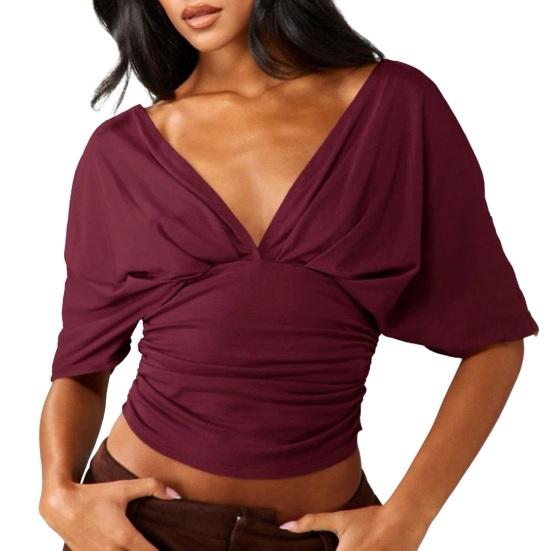 

Women Tops Puff Sleeves V Neck Slim Fit Pleated Waist Pullover Tops Pure Color Summer Short Tops Daily Wear S вино красного