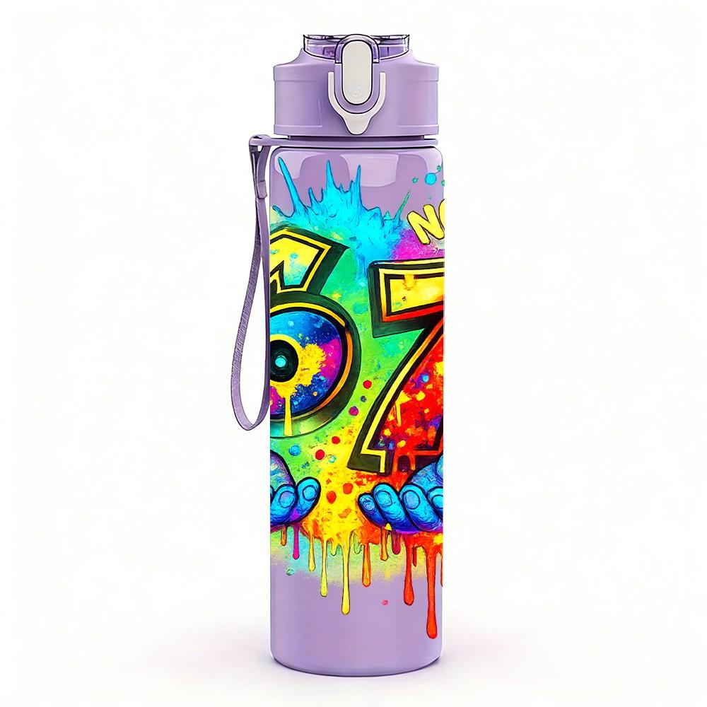 1PC Rainbow Number 67 Graffiti Print 750ml Color Plastic Sports Water Bottle Leakproof Flip Straw Lid Suitable for Sports Office Home Use