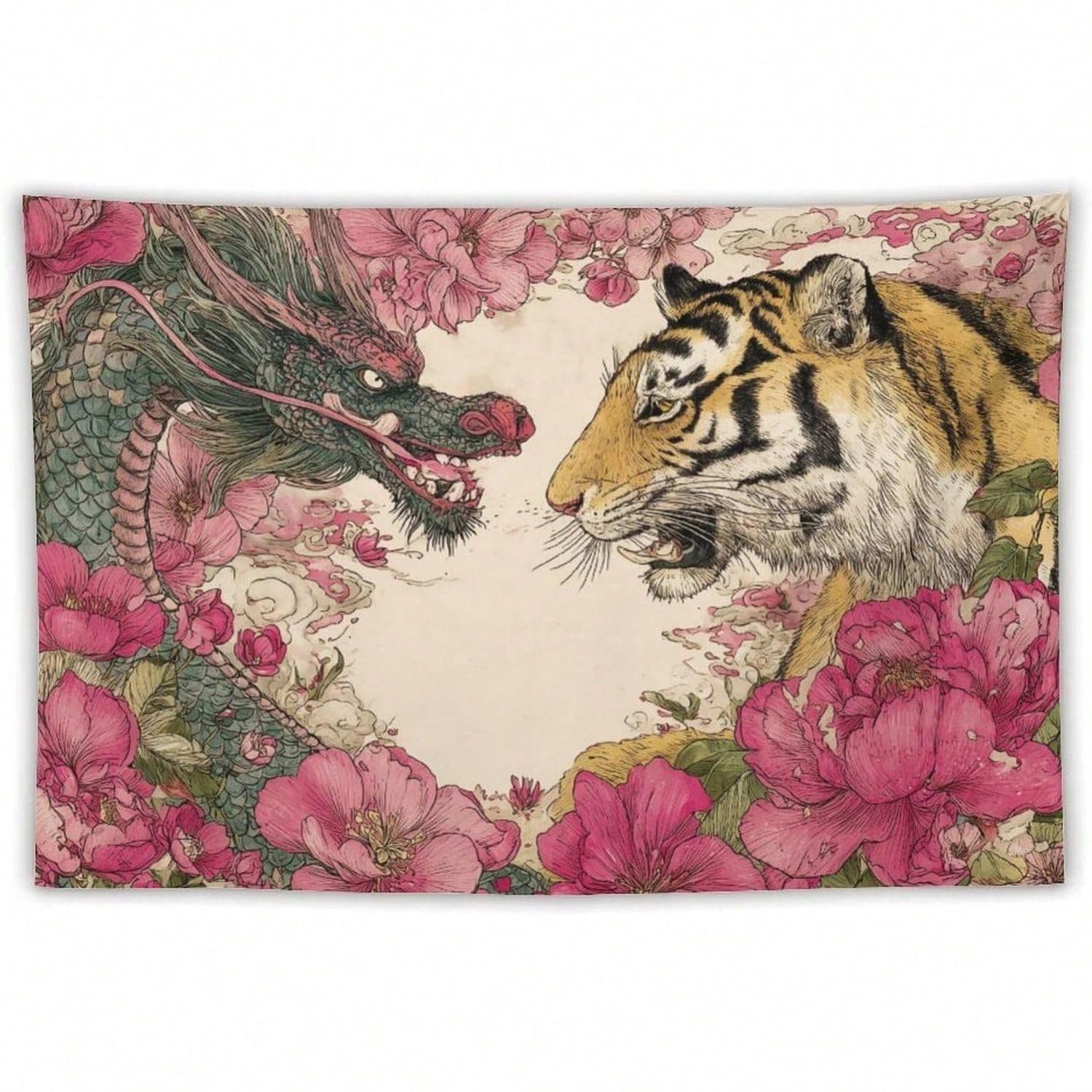 

1 Dragon Tiger Peony Tapestry 2D Single Print Artistic Home Accessory Elegant Cultural Durable Living Room Bedroom Use Tapestry 74x94cm(29x37in)