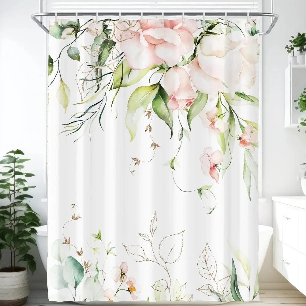 Rideau de Douche Fleur Aquarelle, Fleur de Prunier Vintage Plante Tropicale Feuille Verte Élégance Oiseau, Ensemble Décoration Salle de Bain Avec Crochets
