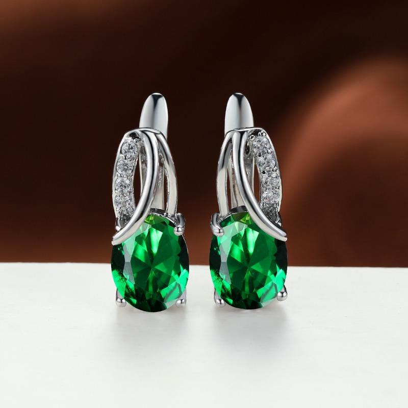 

Women Teardrop Oval Cubic Zirconia Silver Huggie Hoop Clip Earrings 1pair зелений