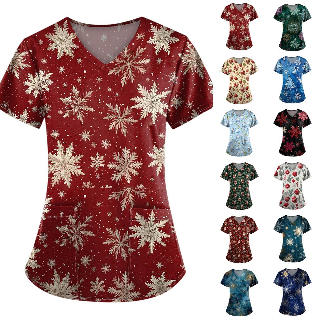 Ladies' Fashionable V-neck Pocket Short Sleeved Christmas Tree Printed Caregiver Shirt