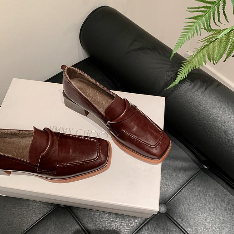 Fashion 2025 New Autumn Genuine Leather Loafers Square Toe Chunky Heels Winter Women Pumps Shoes for Women Zaptos De Mujer Brown Shoes