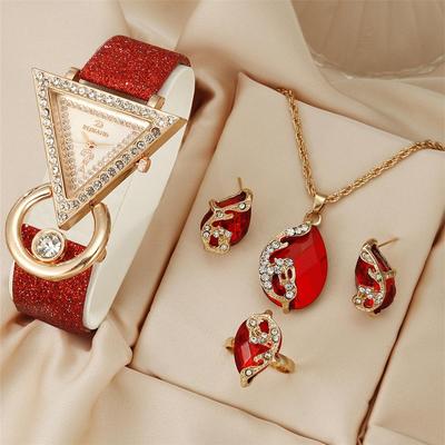 Frauen Strass Quarz Uhr Halskette Ohrringe Ring Schmuck Set