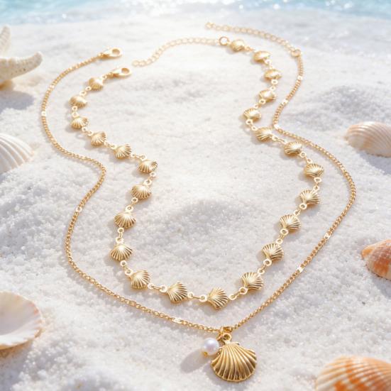 Double Layer Shell Pendant Necklace Lightweight Hypoallergenic Women Faux Pearl Starfish Charm Layered Chain Necklace Ocean Beach Neck Jewelry