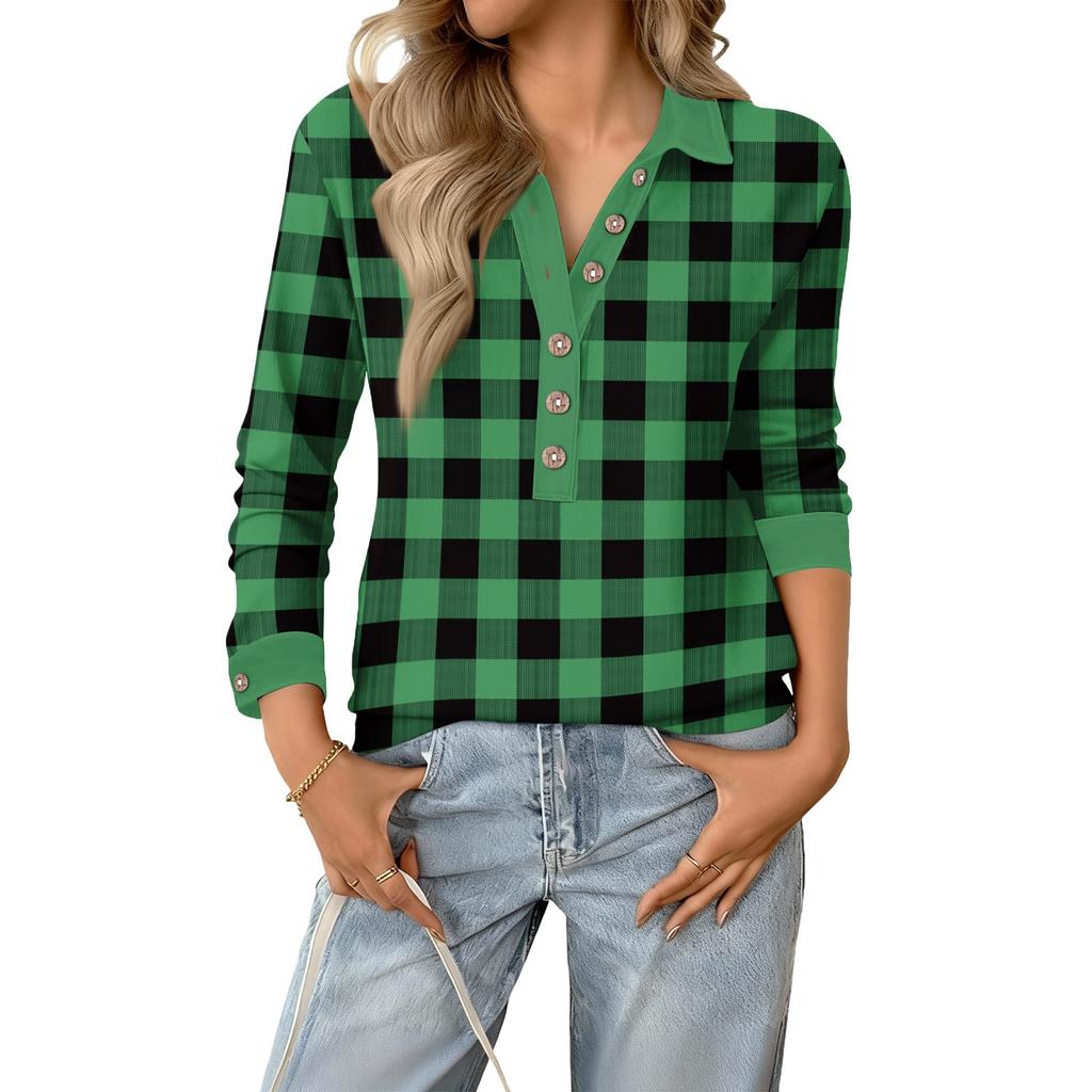 Women's Retro Street Lazy V,neck Long Sleeve Button Plaid Print Pullover Top