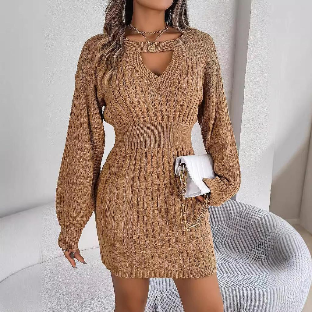 Autumn Winter Sexy Cross V Neck Batswing Sleeve Solid Color Wrap Hip Woolen Dress