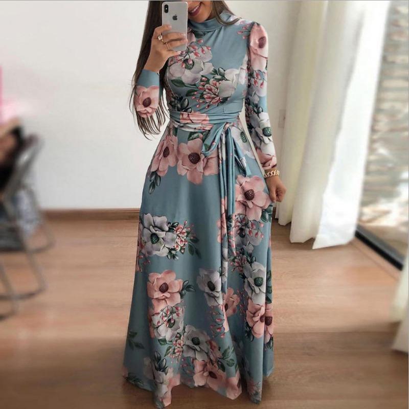 Autumn and Winter Casual Printed Strappy Long Dresses Dresses Women's Versatile Fashion
