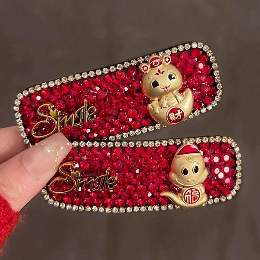 New Year Headwear Red Rhinestone Hairpin Animal Zodiac Dragon Hair Clip Creative   Daily