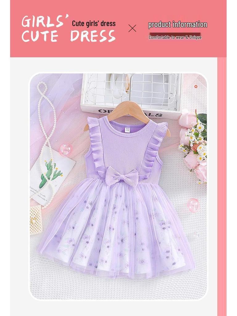 2025 Sweet Toddler Girls' A-Line Bowknot Mesh Dress - Sleeveless Cotton