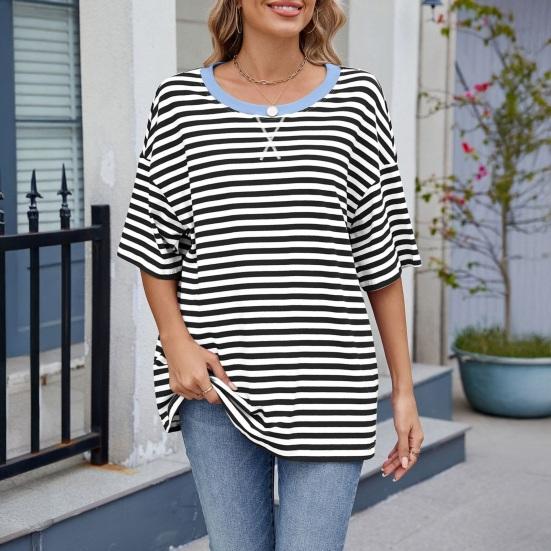 Women T-shirt Loose Fit Striped Print Round Neck Short Sleeve Tee Tops Elastic Fit Summer Pullover Tops
