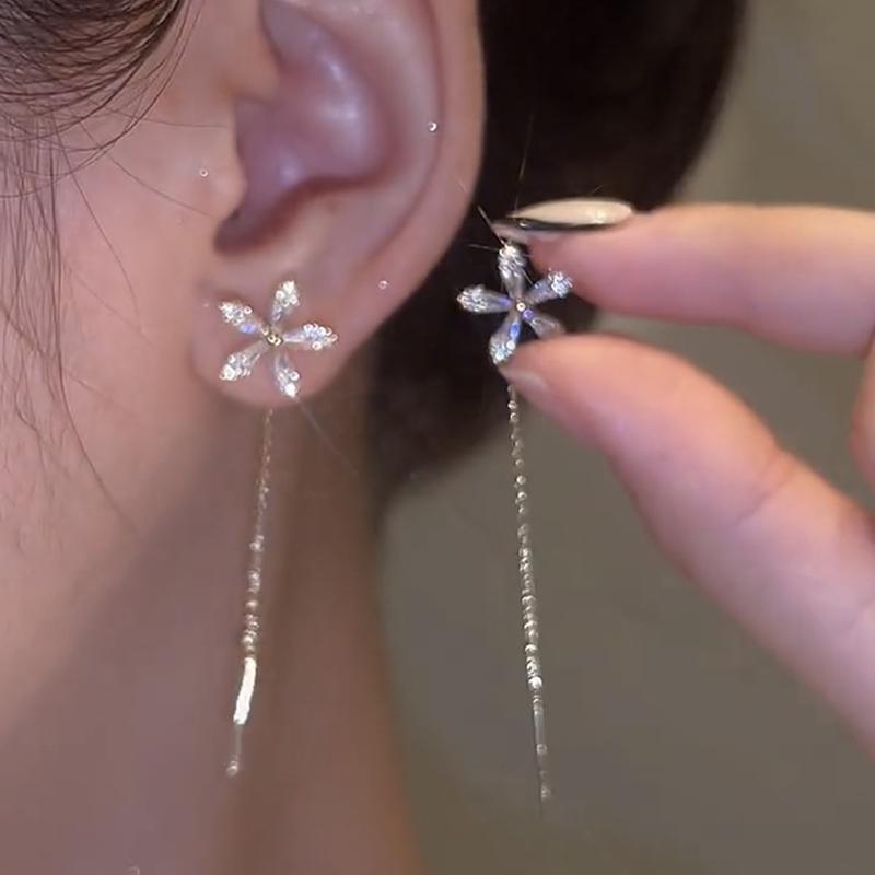 1 Paar Exquisite Zirkon Funkelnde Blume Ohrringe Leichter Luxus Lange Quaste Kette Hängende Ohrringe Hochwertiges Design Gefühl Schmuckstück Schmuck