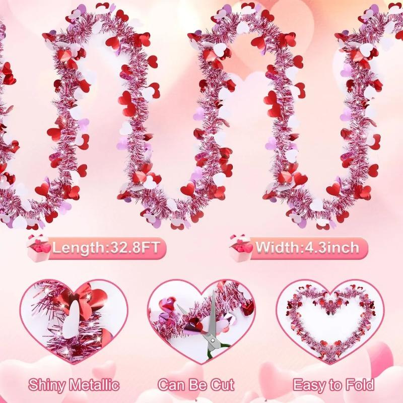 2M Valentines Heart Tinsel Garland Decorations Valentines Day Red Pink Metallic Garland for Wedding Birthday Hanging Decor