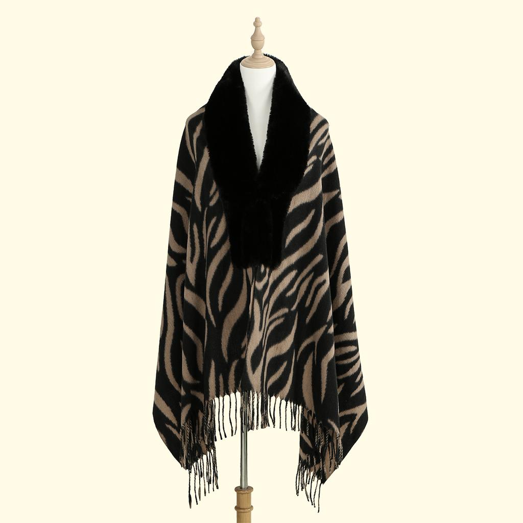 New Fur Collar Cashmere Shawl Shawl Scarf For Woman Warm Tassel Shawls Fashion Long Wraps Thicken Pashmina Zebra Print Scarves