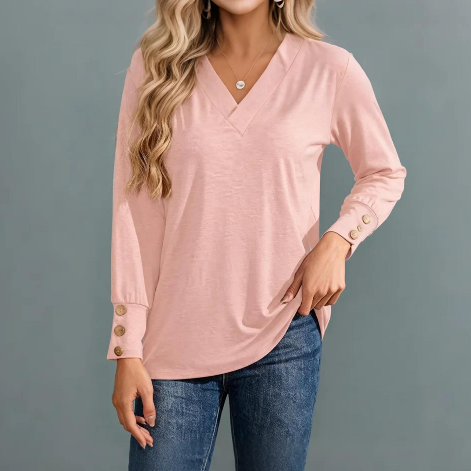 

Женская модная футболка-пуловер с V-образным вырезом, повседневный топ на пуговицах XL розовый