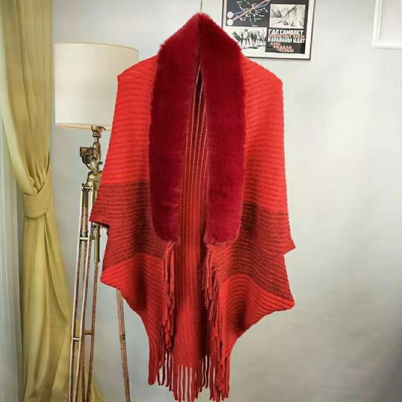 Autumn & Winter High-End Knit Cardigan: Color-Blocked Cloak Shawl with Large Fur Collar & Tassels, Korean Style Outerwear.