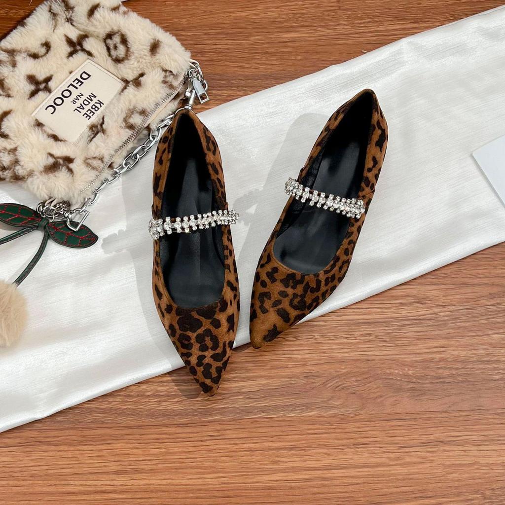Grape mother 2025 new thick-heeled single shoes women's rhinestones with pointed high heels French retro leopard print women's shoes