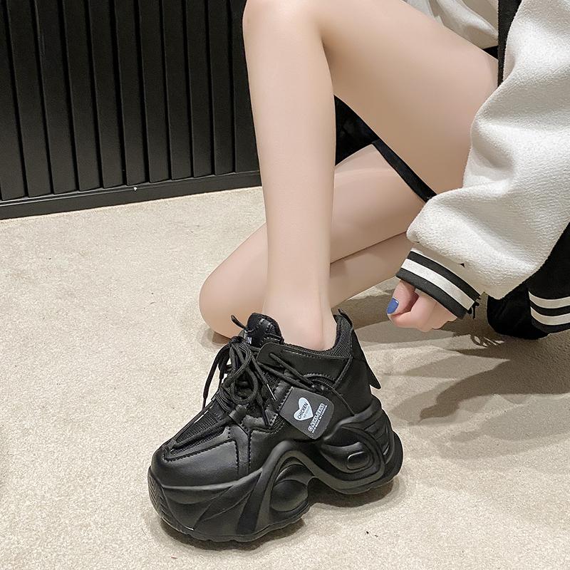 Fashion 9.5CM Women Platform Sneakers Lace-up Autumn Sports Dad Shoes High Top Chunky Casual Shoes Woman Thick Bottom Mesh White Shoes
