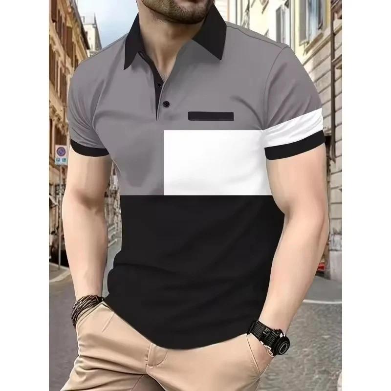 Men's 3D Printed Minimalist Geometric Polo Shirt with Colorful Striped Pattern Short Sleeved Button Top Loose Polo Shirt