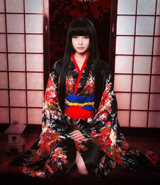 Perucă Hell Girl Enma Ai și Evantai Oiran Cosplay Mărime Mare [amaletPlay] Perucă, Stil, Kimono, Furisode, Plasă, Inclus, Costume, Femei, (XL)