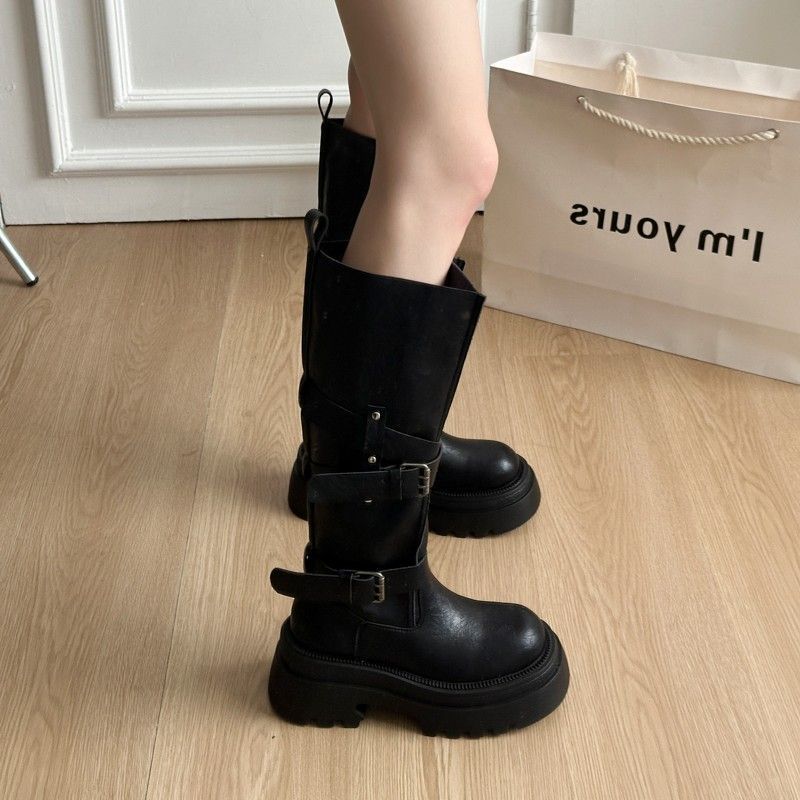 Versatile Retro Belt Buckle 2025 Boots Autumn New Small Thick-soled Heightening Knight Boots Long Boots Women