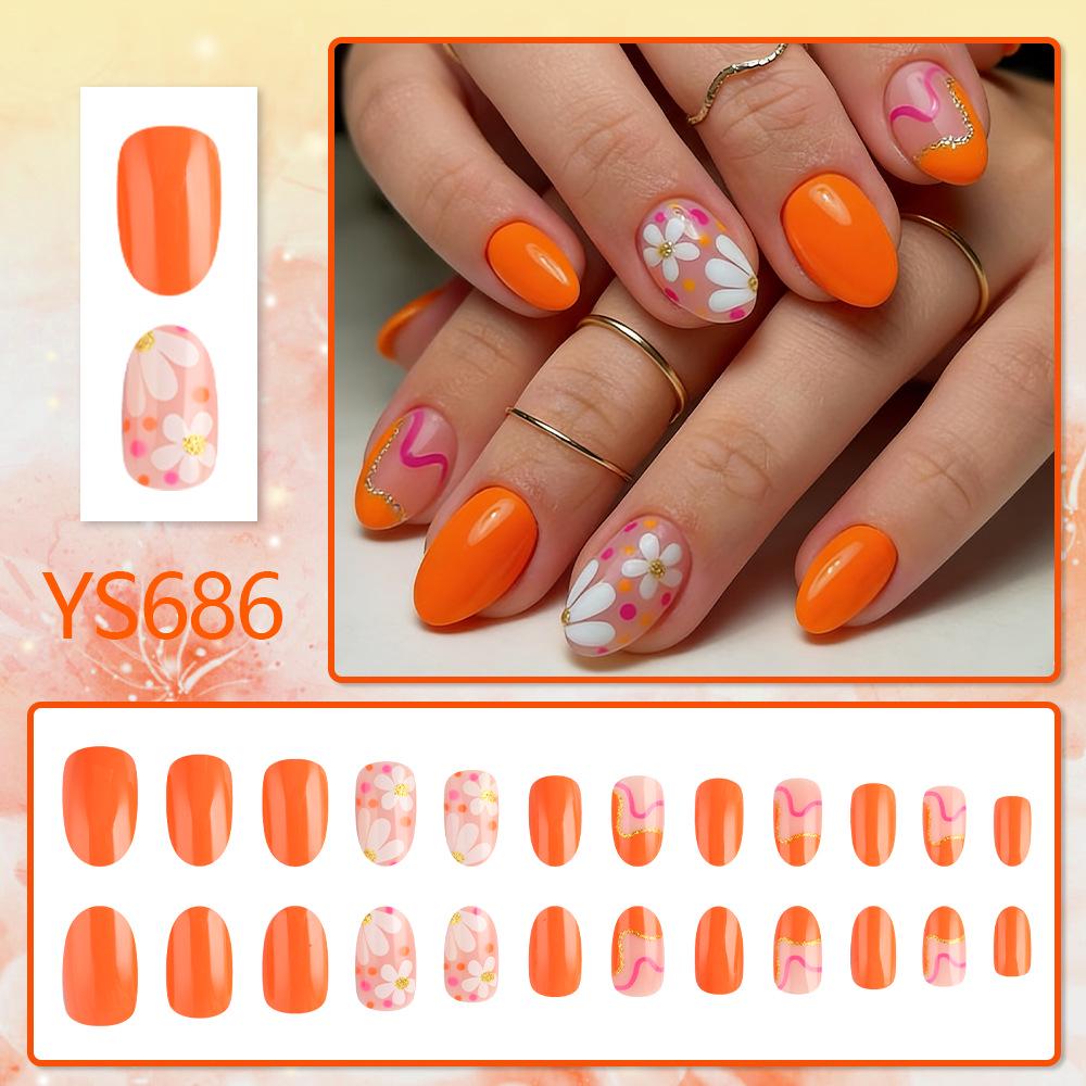 24-teilige glänzend goldene Glitzer-Pünktchen-Blumen-Falschnägel - Kurzes ovales Design