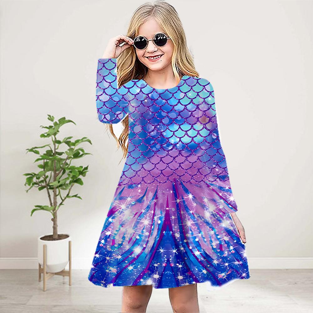 

Повседневное платье для девочек с 3D-принтом и синей рыбьей чешуей, с круглым вырезом и длинными рукавами, детское платье принцессы 80 фиолетовый