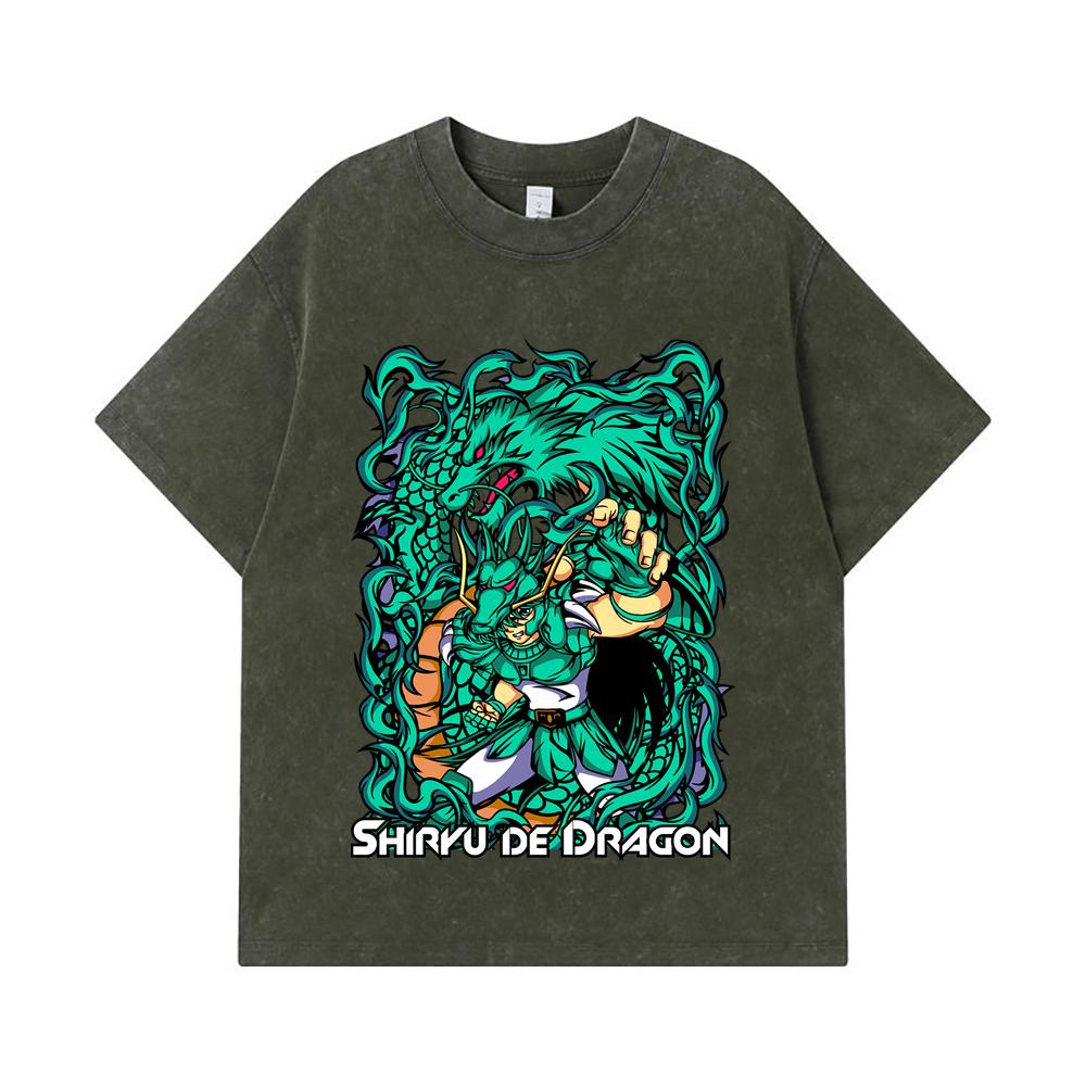 

275 GSM Washed T-shirts 100% Cotton Saint Seiya V16 Shiryu Print Unisex Heavy Cotton T Shirt S