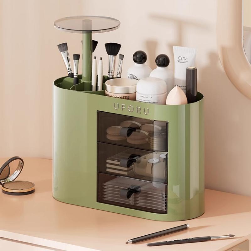 

Auto Push Lifting Cosmetic Storage Box Makeup Organizer Drawer Set Dressing Table Dustproof Lipsticks Powder Makeup Brush Holder зелёный