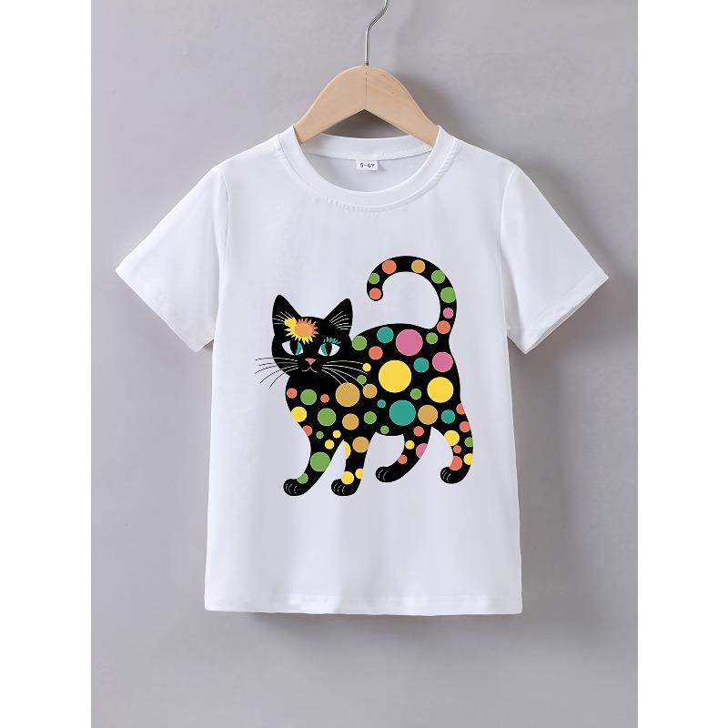 

European Size Childrens Summer Short Sleeve Colorful Spotted Black Cat Print T-Shirt 98cm белый