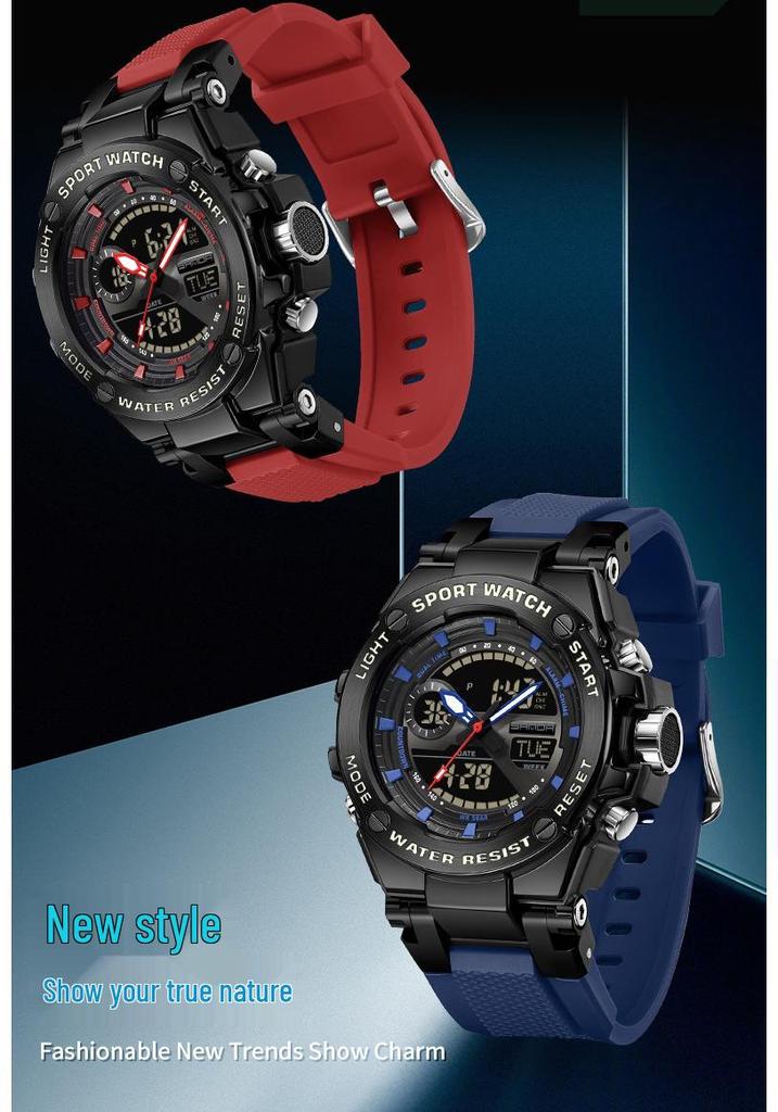 Sanda Dual-Display Leuchtende Wasserdichte Schüleruhr mit 3 Zeitzonen.