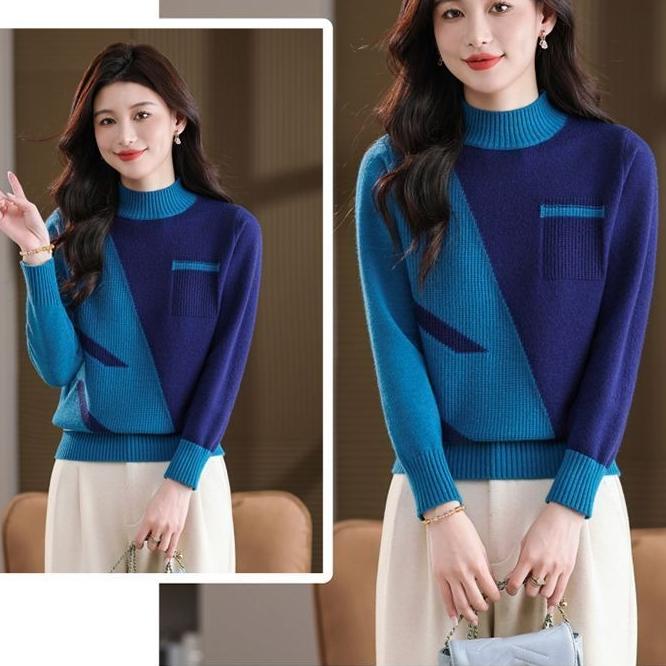 Autumn Winter Women's Crew Neck Thick Knit Sweater Loose Color-block Soft and Skin-friendly Knitted Pullover Top