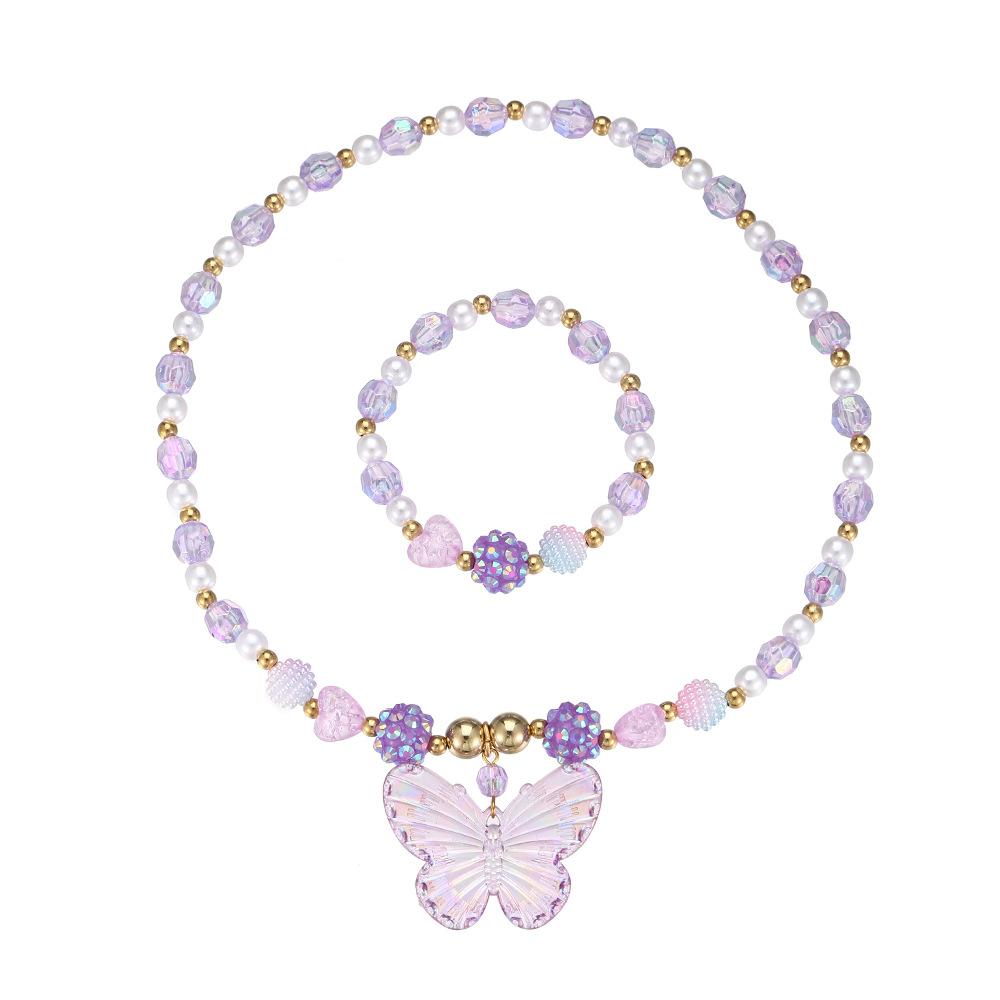 New Girl's Collarbone Necklace Princess Zircon Color Crystal Zircon Butterfly Children's Necklace Bracelet suit