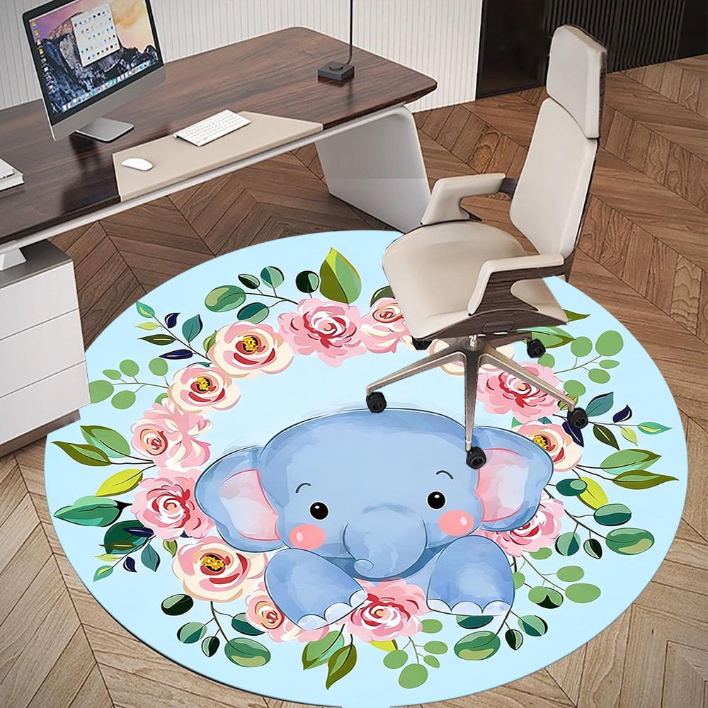 1pc Elephant Flowers Round Chair Mat Office Area Rug - Non-Slip, Floor Mat for Office, Bedroom, and Indoor Decor P127287