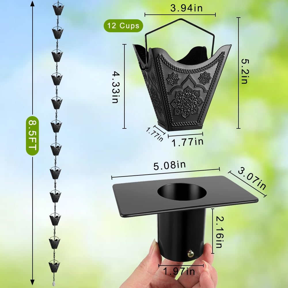 Vindar Rainwater Gutter Rain 12 Large Capacity Metal Cup Rainwater for Outdoor 3D Sculpture Mandala Decorative Black Rain Replacement Rainwater Pipe